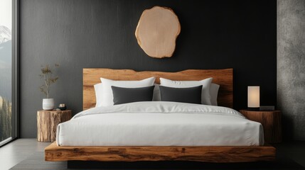 modern biophilic bedroom, contemporary biophilic bedroom with natural wood furniture, woven accents, warm walls, and serene decor for an organic feel