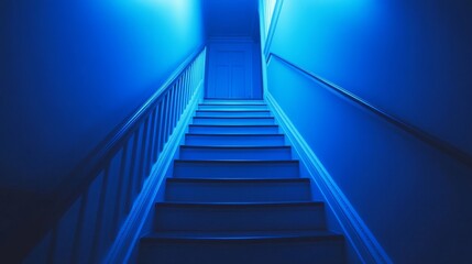 Stairway leading to closed door in blue light