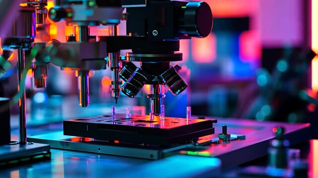Close-up of a microscope in a colorful laboratory setting, highlighting research