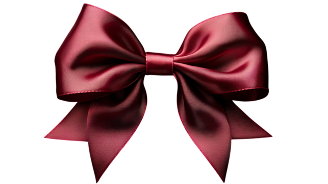 A luxurious red satin ribbon tied into a perfect bow, rich texture, soft fabric folds, high-gloss finish, realistic lighting reflections,  , isolated on transparent background.