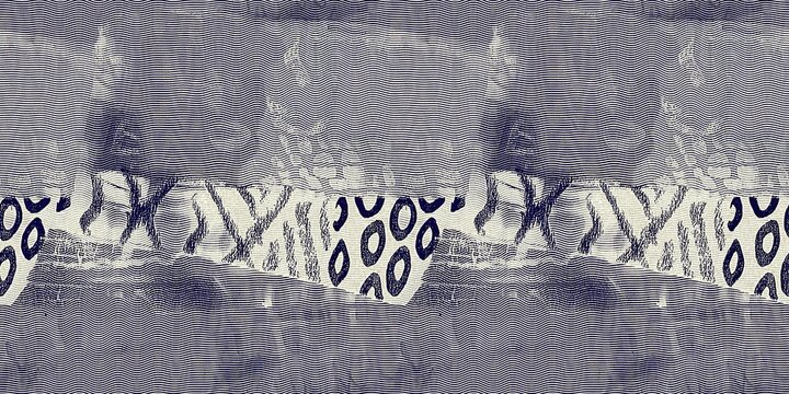 Seamless indigo blue woven grunge dye border pattern. Irregular boro effect dye washed out resist banner background. Block print woven style for trendy vintage wash tape edging trim textures.