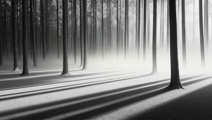 Naklejka premium Minimalist Grayscale Forest with Tall Trees, Soft Mist, and Dramatic Shadows, Serene and Atmospheric Landscape