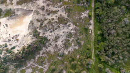 Aerial view of a sandy area surrounded by green vegetation and trees, showcasing a natural landscape with patches of grass and shrubs, captured from a drone.