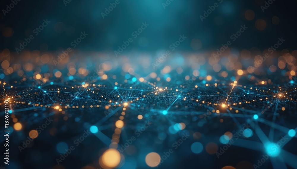 Leinwandbilder digital network connections glowing on dark background. blue and gold dots, lines, structures, mesh.