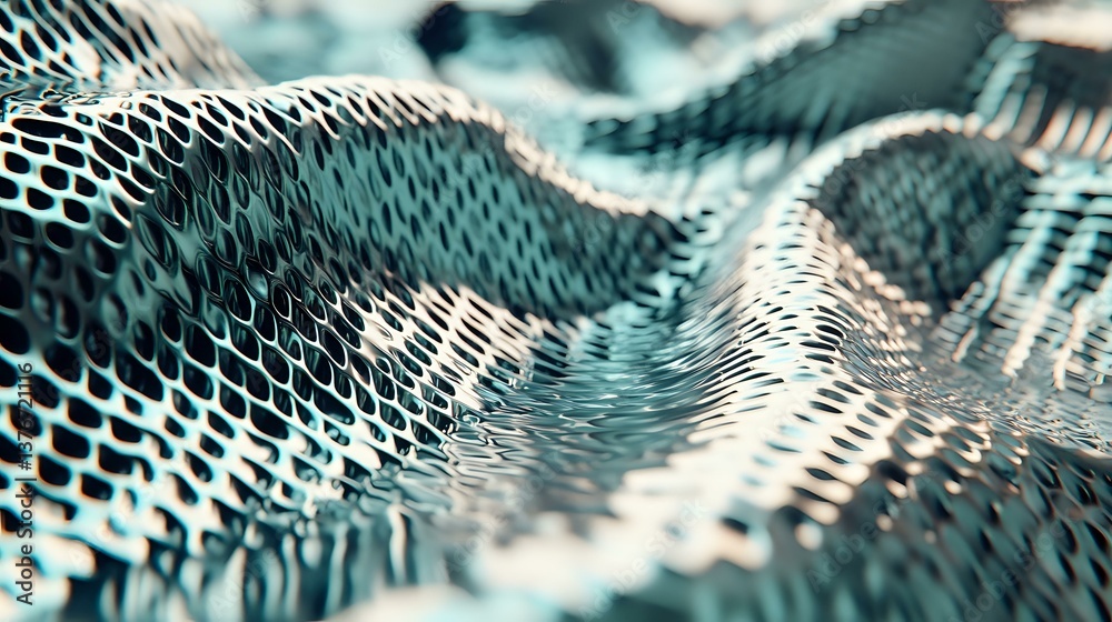 Poster abstract wavy mesh pattern in turquoise and silver tones creates dynamic flowing surface with metall