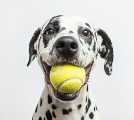 A sweet Dalmatian dog gripping a ball in its mouth, showcased on a plain white background