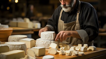 Senior Caucasian artisan cheesemaker in apron carefully cutting fresh cheese wheels and blocks on wooden board in traditional workshop with warm lighting.