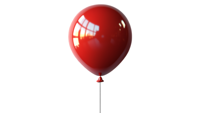 A vibrant red latex balloon with a thin, slightly curled string, semi-glossy surface, subtle lighting reflections, floating in the air, high-detail realism, , isolated on transparent background.