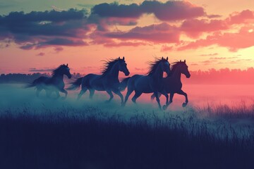 Majestic horses gallop through misty fields at dawn, embracing the beauty of a serene sunrise in a vibrant landscape Generative AI