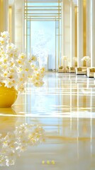 Luxurious hotel lobby with white cherry blossoms in yellow vase, reflective marble floors, tall windows, and modern seating area bathed in natural light.
