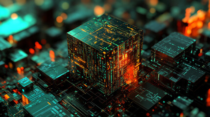 Obraz premium Blockchain and World Internet. Global digital technology. 3D illustration of a cube and an array of data. Calculations and analytics of business risks