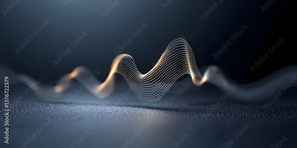 Wall mural data waves. golden particle wave flowing on dark blue background with glowing dots. abstract digital