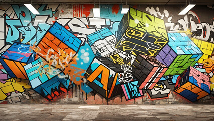 Fototapeta premium Graffiti wall with optical illusion cubes, appearing to float off the surface