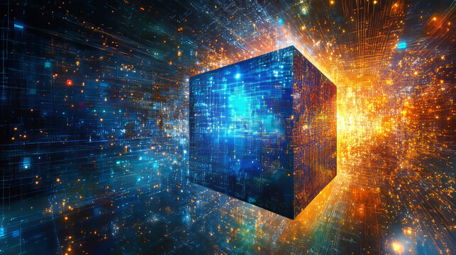Blockchain and World Internet. Global digital technology. 3D illustration of a cube and an array of data. Calculations and analytics of business risks