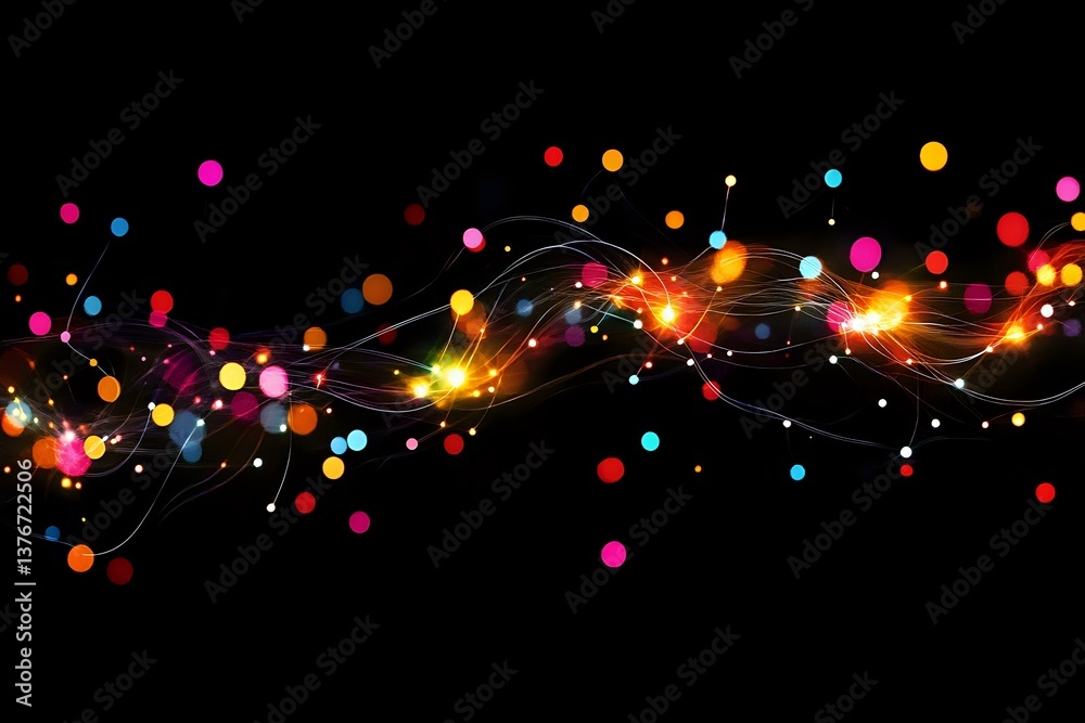 Poster glowing colorful dots and flowing light trails create dynamic wave pattern against black background,