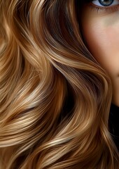 Naklejka premium Close-up of wavy caramel blonde hair highlights and blue eye detail showing professional hair coloring technique and natural-looking balayage effect.