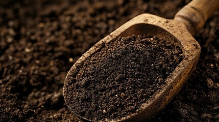 Rich Dark Brown Soil Texture Background Wooden Scoop Natural Gardening Earth Agriculture Compost Fertile Ground Healthy Plant Growth Organic Farming  