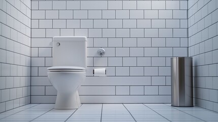 A white tiled bathroom with a white toilet, a stainless steel toilet brush