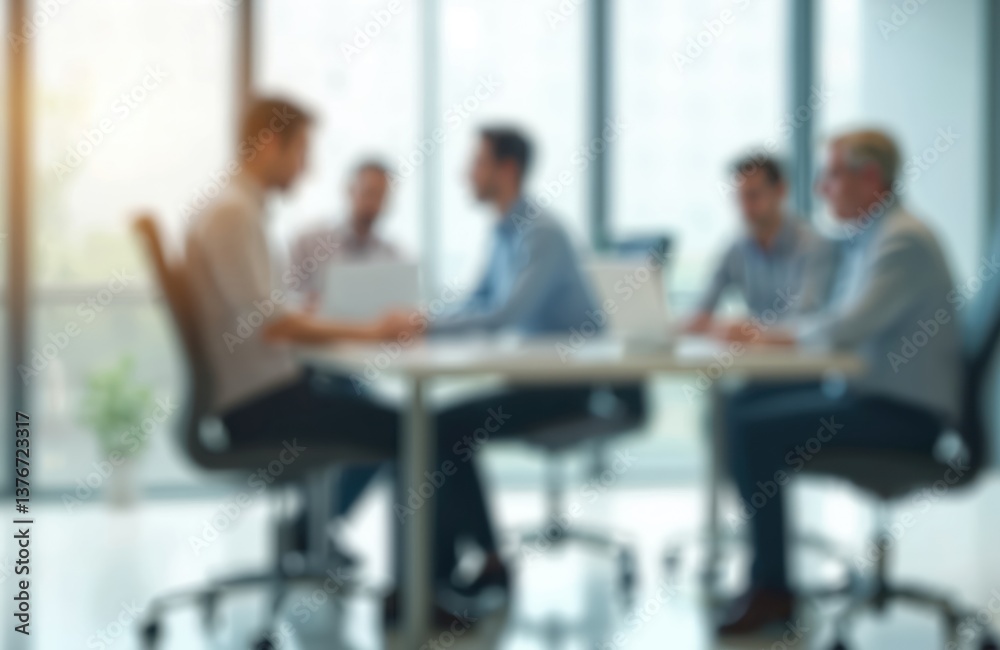 Poster blurred office meeting with businessmen at table, work process. team discuss project, using laptop. 