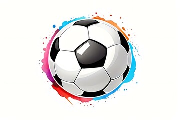 Fototapeta premium Soccer ball with dynamic colorful watercolor splash effect around it on white background, isolated design element for sports graphics and decoration.
