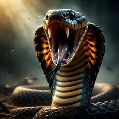 Captivating image of a cobra in a striking attack pose, showcasing its power and danger.