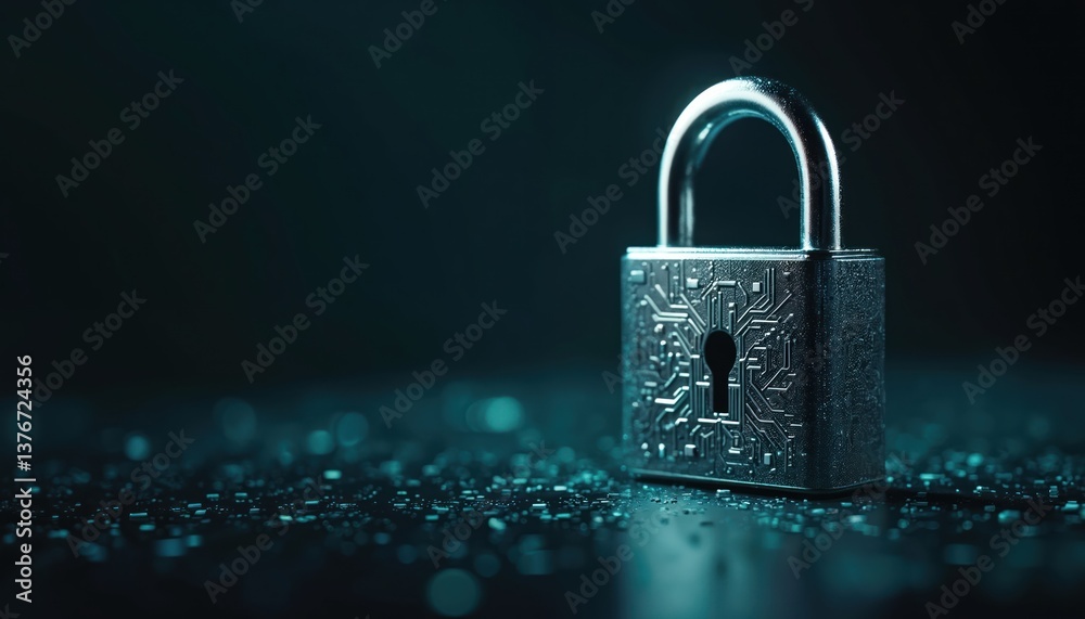 Poster metallic padlock on dark background. cybersecurity data protection in digital age. futuristic design