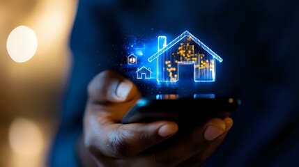 Futuristic smart home hologram projection floating above smartphone held by person showing connected house technology in glowing blue digital interface.