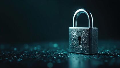 Metallic padlock on dark background. Cybersecurity data protection in digital age. Futuristic design elements reflective surface, circuit board pattern. Represents security technology concept.