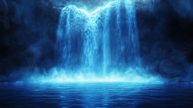 Mystical blue waterfall cascading into a tranquil pool of water within a dark cave.