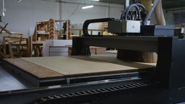 Automated CNC machine cutting OSB wood panels in a furniture factory