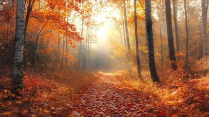 Obraz premium Autumn forest path, sunlight through trees, colorful leaves.