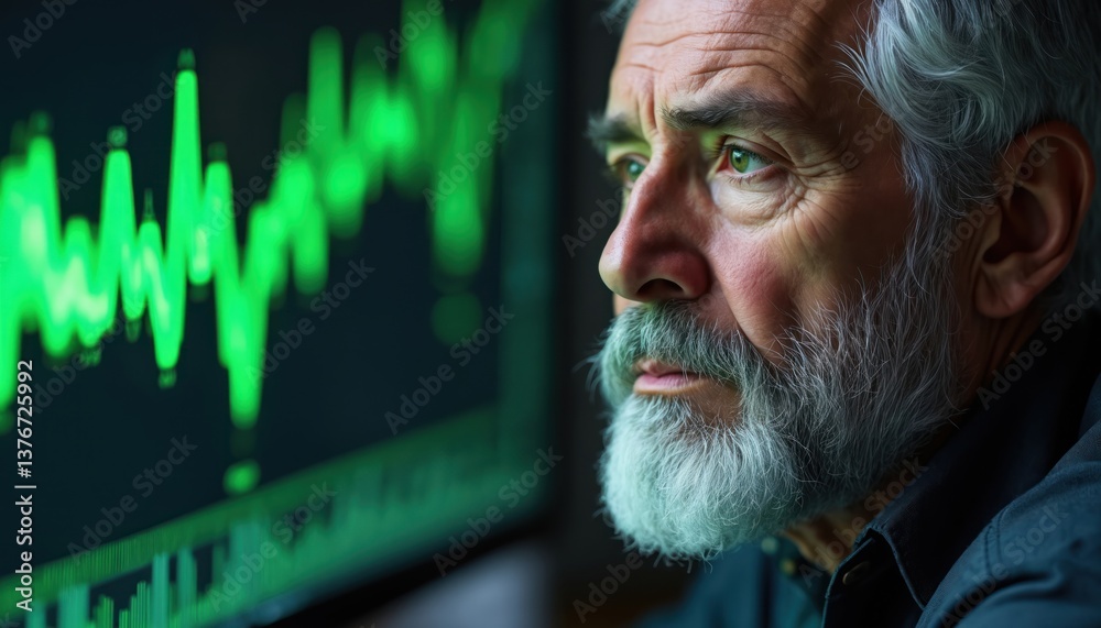 Aufkleber senior investor assesses stock market data. man with grey beard examines graph on computer screen. f