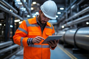 Male engineer in safety gear using tablet in industrial facility