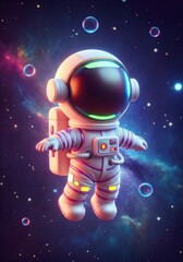 Naklejka premium Cute astronaut floating in space surrounded by colorful bubbles