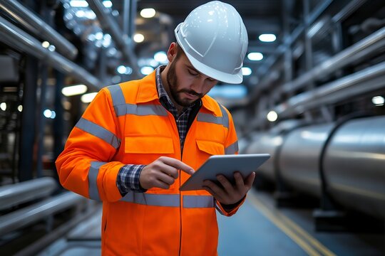 Male engineer in safety gear using tablet in industrial facility