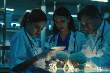 Medical researchers study 3D brain models under blue laboratory light.