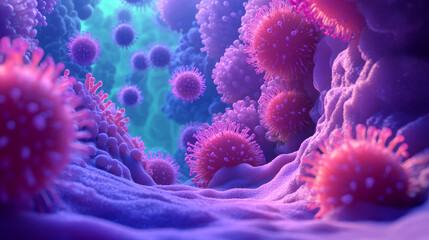 Fototapeta premium Virus inside cell. Replication and mutation of viruses. Macro 3D illustration. Microbiology and Virology as a Science of Future