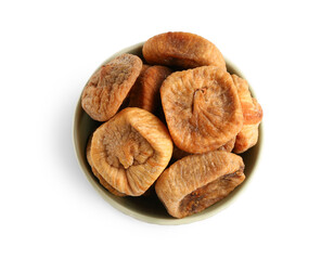 Bowl with sweet dried figs on white background