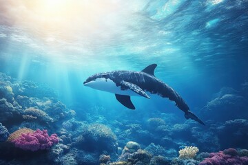 Fototapeta premium A dolphin gracefully swims through vibrant coral reefs in clear ocean waters during midday