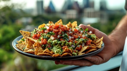 Fresh guacamole nachos with salsa dip served against the Austin skyline during the day