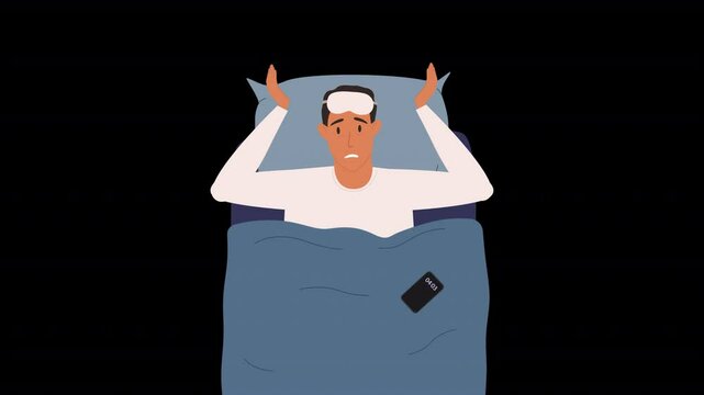 Animation of a man lying in bed and unable to sleep. The concept of insomnia, sleep disorders, headache, feeling of tension, obsessive thoughts.