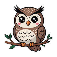 Cute Cartoon Owl Sitting on Branch with Big Eyes and Fluffy Feathers for Kids