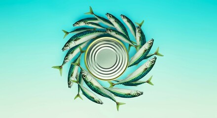 Obraz premium Visually striking arrangement of sardines around an empty tin on a blue background