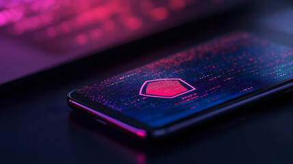 A smartphone featuring a digital security shield, highlighted with neon colors, represents protection.