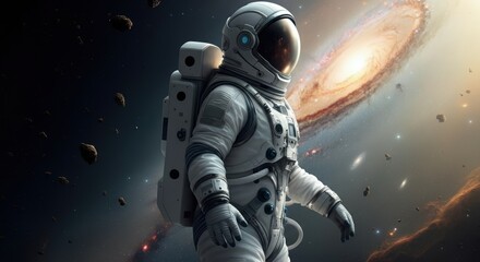 Fototapeta premium Astronaut exploring the vastness of space near a spiral galaxy