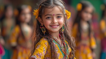 Charming young girl dressed in traditional attire with floral accessories, joyfully posing against a vibrant festival backdrop