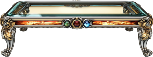 A rectangular glass table with four legs, exquisite decoration and embellishment on the top of each leg, transparent background PNG file.