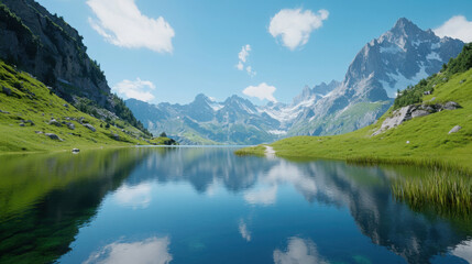 Serene ultra realistic alpine landscape with majestic mountains and tranquil lake reflection