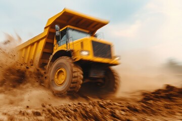 Obraz premium Construction action heavy dump truck in motion construction site dynamic shot dusty environment close-up view