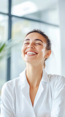 Happy patient in medical setting with bright smile for healthcare promotion